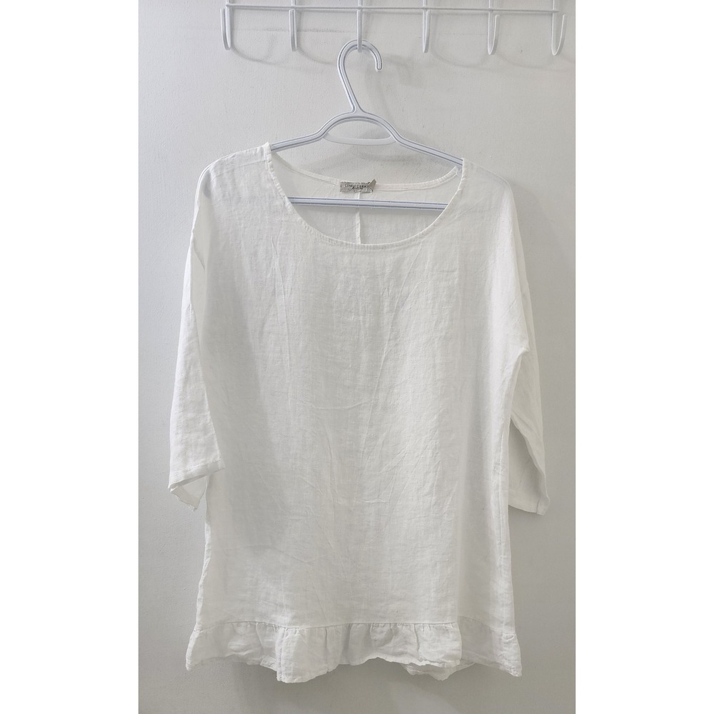 Lungo L'Arno White 100% Linen Ruffle Hem Tunic Top Made in Italy Size M